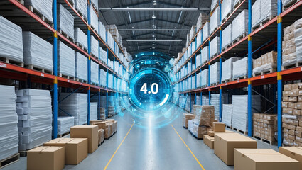 Fototapeta premium A warehouse with a blue circle with the number 4.0 in the center