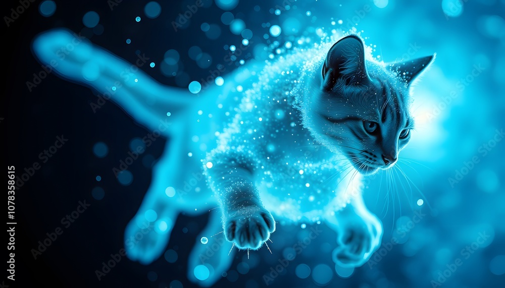 Poster A Vibrant and Dynamic Cat Dissolving into Colorful Particles: An Artistic Representation of Motion and Energy