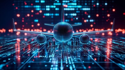 The Evolution of Flight: A Digital Airplane Hologram on a Tech-Driven Background.Concept of innovation, technological advancement, future of aviation, digital transformation, artificial intelligence, 