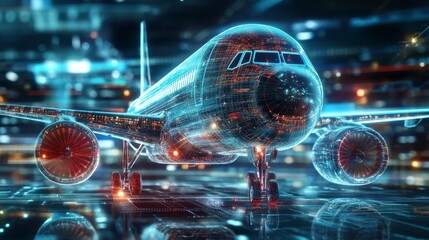 Obraz premium The Evolution of Flight: A Digital Airplane Hologram on a Tech-Driven Background.Concept of innovation, technological advancement, future of aviation, digital transformation, artificial intelligence, 