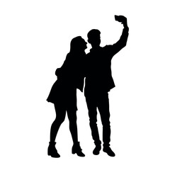 A couple standing side by side, with one person holding the phone for a selfie. The two are close together silhouette
