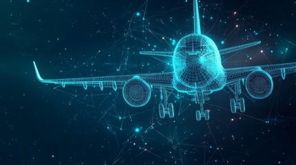 The Evolution of Flight: A Digital Airplane Hologram on a Tech-Driven Background.Concept of innovation, technological advancement, future of aviation, digital transformation, artificial intelligence, 