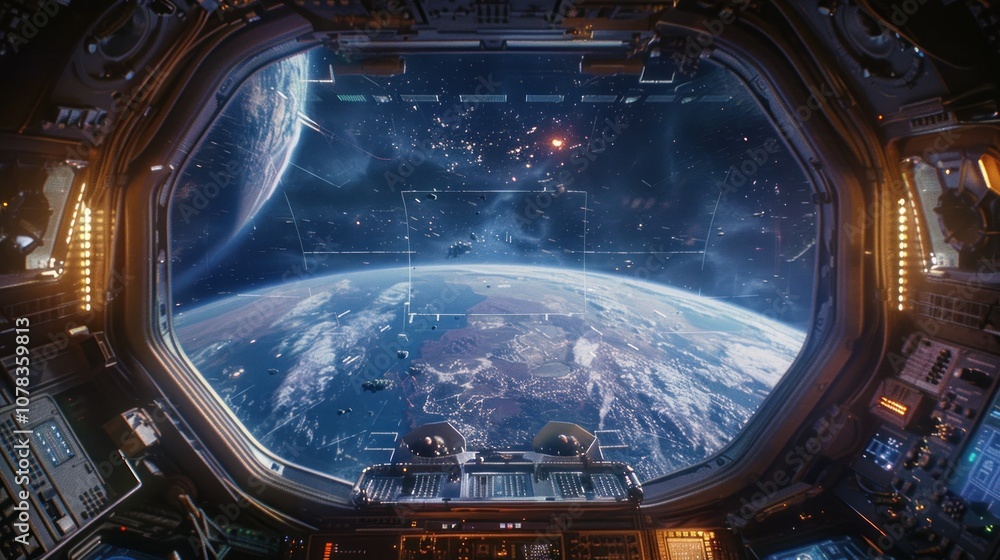 Aufkleber cinematic view of a planet in outer space through the window of a spaceship.
