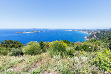 View of Arillas Bay with turquoise sea on Corfu island in Greece