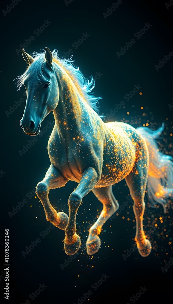 Poster A Vigorous Horse Disintegrating into Particles with Glowing Effects, Perfect for Dynamic Artistic Representations