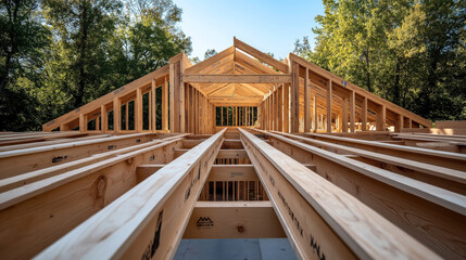Wooden framework of a house under construction with visible roof trusses and joists in a forested area on a clear day.