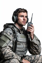 Fototapeta premium A soldier wearing camouflage listening to a radio.