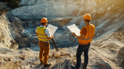 mining resources economics Engineers Analyzing Mineral Rich Landscape