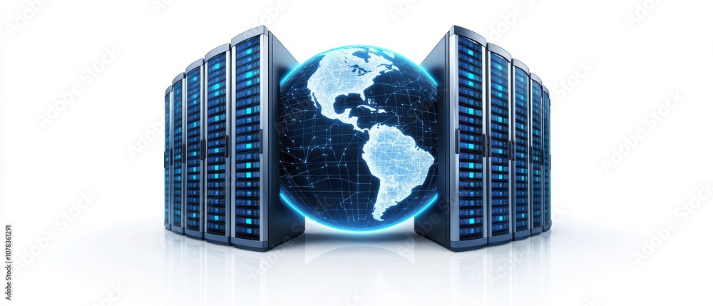Poster servers surround a glowing globe depicting global connectivity and data sharing on a white backgroun