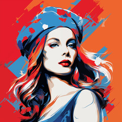Naklejka premium Marianne, the French emblem of patriotism, is illustrated in a modern portrait with tricolor, symbolizing liberty, feminism, and revolution.