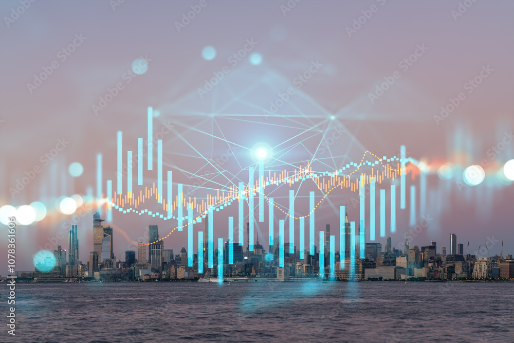 Poster manhattan skyline with abstract financial data graphics overlay at dusk.