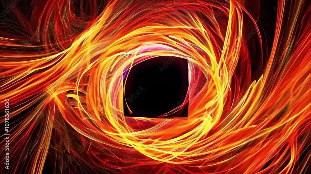 Poster a swirling pattern of vibrant red, orange, and yellow colors surrounding a central black square, cre
