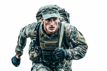Camouflaged soldier with backpack running.