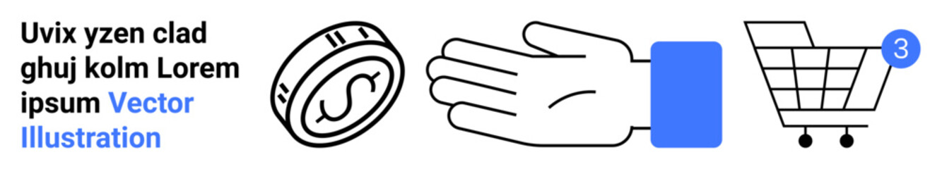 Coin with dollar sign, open palm hand gesture, shopping cart with notification badge. Ideal for online shopping, e-commerce, digital payments, customer service, marketing. Landing page