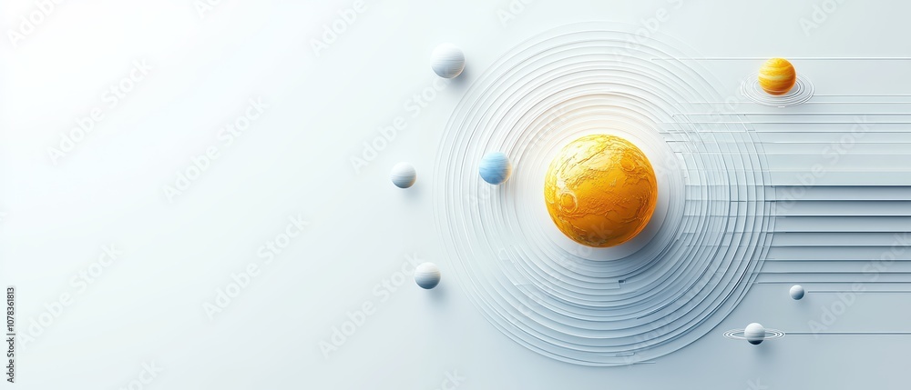 Poster solar system model with planets in orbit, abstract design, white isolate background.
