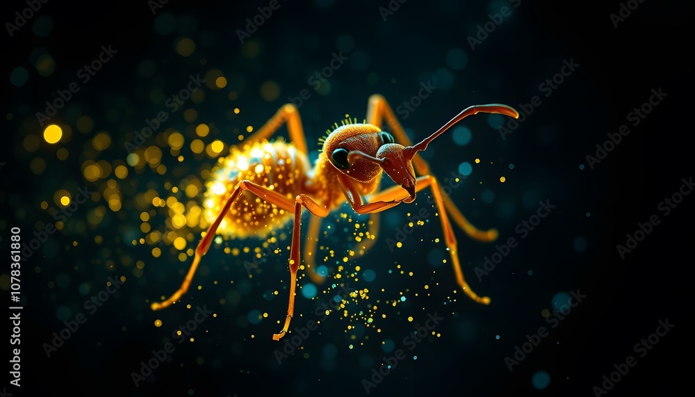 Aufkleber an enigmatic ant disappearing in particulate glows - a symbol of nature's transformative power captu