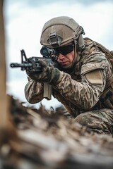 Obraz premium Camouflaged soldier aiming rifle with scope.