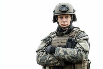 Fototapeta premium A soldier in camouflage stands with arms crossed.