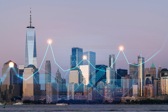 Manhattan skyline with financial graph overlay representing stock trends. - Powered by Adobe