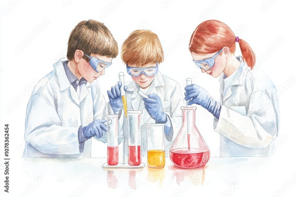 Poster three children in lab coats engaged in a science experiment with colorful liquids in beakers.