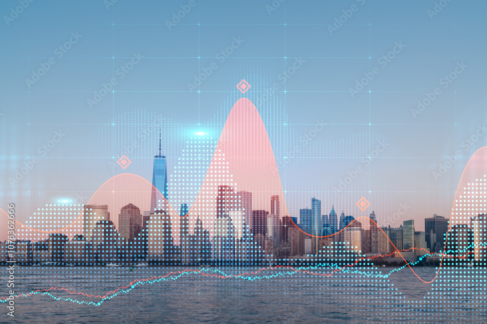 Aufkleber manhattan skyline with financial graph overlay and data points on blue sky background.