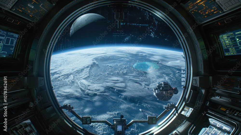 Poster cinematic view of a planet in outer space through the window of a spaceship.