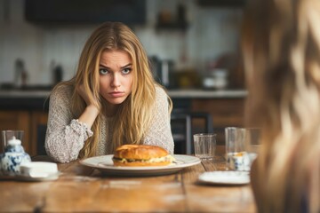 Young woman sitting at a table with a sandwich, looking displeased in a cozy kitchen setting