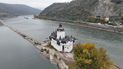 Aerial view of Pfalzgrafenstein Castle on the Rhine River.