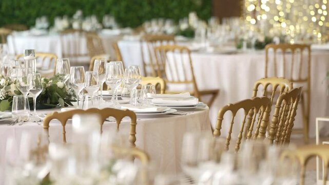 Luxurious wedding table setting with golden chairs, glassware, and floral centerpieces
