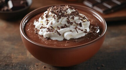 Creamy Chocolate Pudding with Whipped Cream and Chocolate Shavings
