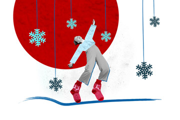 Greeting picture collage of funky cheerful girl walking enjoying winter weather comfort and warm...
