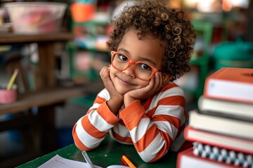 A young child wearing glasses is sitting at a desk with a stack of books in fron