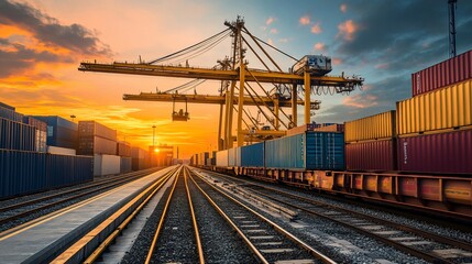 Fototapeta premium A train carrying cargo containers at a port terminal under a stunning sunset sky with a crane in the background.