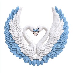 Fototapeta premium Two swans forming a heart shape, intricate details, white and blue design, white isolated background.