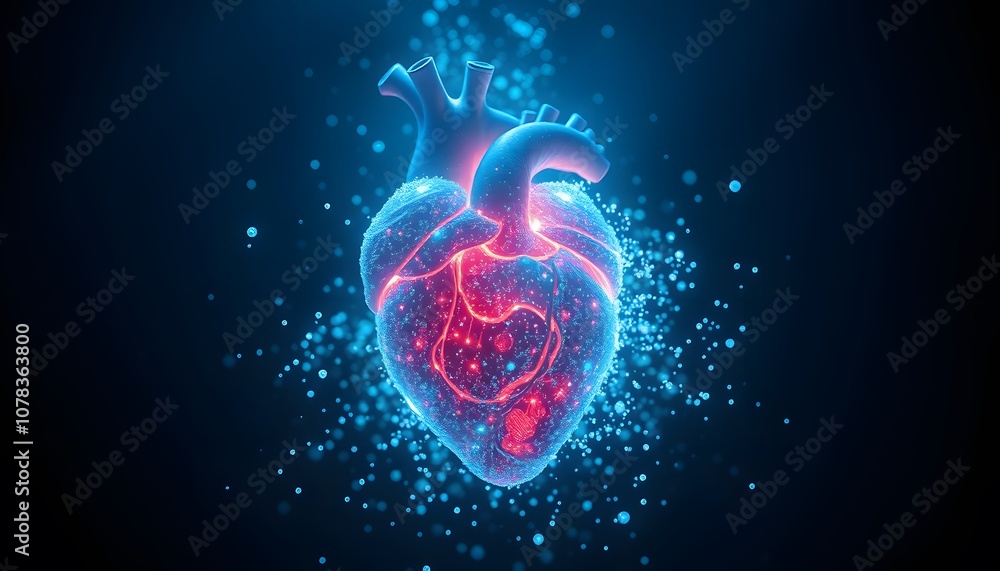 Poster a vigorously animated heart dissolving into glowing particles - perfect for representing emotional t