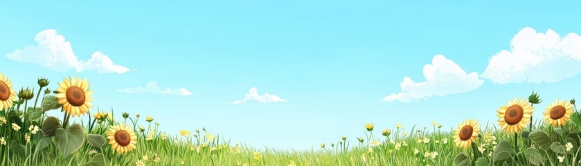 Obraz premium Vibrant sunflowers in a lush green field under a clear blue sky with fluffy clouds.