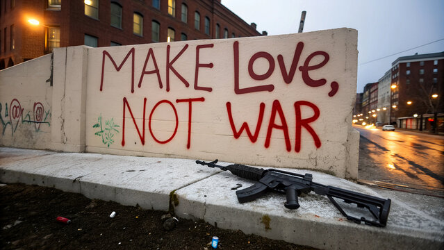 Urban street art with peace message on city wall at dusk, no war