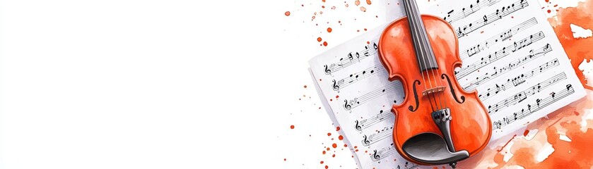 Naklejka premium Violin on sheet music with a colorful splash background.