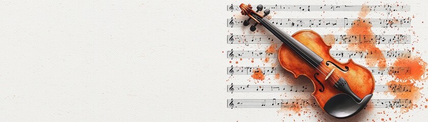 Naklejka premium Violin on sheet music with an artistic splash, perfect for music lovers and creative projects.