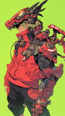 cyberpunk anime character cool uniform with simple dragon background