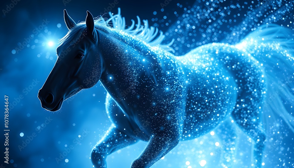 Poster A Vigorous Horse Dissolving and Disappearing in Particles with Glowing Effects for Stunning Visuals and Creative Projects