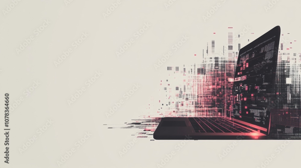 Poster a modern laptop positioned on a surface, showcasing vibrant pixel graphics and digital elements, sug