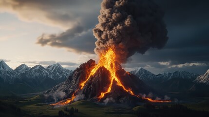 Fototapeta premium Volcano erupting with lava and smoke against a mountainous landscape.