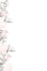 Watercolor Border Side Left in Antique Style, with Pink Roses and Silver Foliage, with Pink Hearts, Digital Illustration Copy Space, Print and Web High Quality