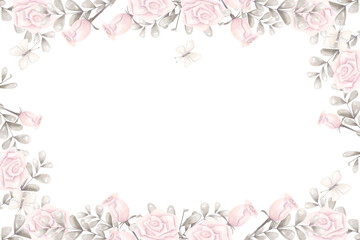 Watercolor Frame Invitation Antique Style Pink Roses Silver Leaves White Butterflies Horizontal Digital Illustration Copy Space Print Web High Quality