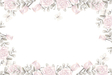 Watercolor Frame Invitation Antique Style Pink Roses Silver Leaves White Butterflies Horizontal Digital Illustration Copy Space Print Web High Quality