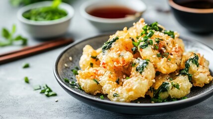 Plate of vegan tempura bright background clean layout  copy space