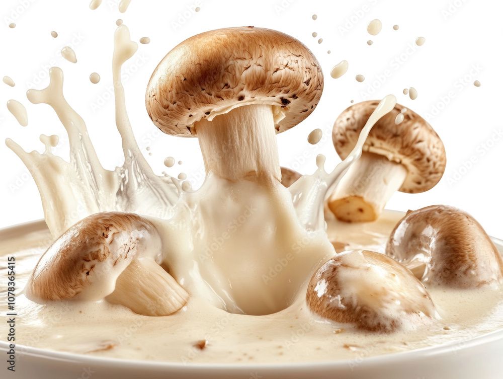 Poster delicious mushrooms splashing in cream soup isolated transparent background