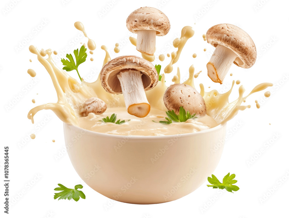 Poster delicious mushrooms splashing in cream soup isolated transparent background