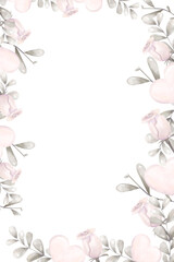 Frame Rectangular Floral Vertical, with Pink Roses, Silver Foliage, Pink Hearts, Watercolor Digital Illustration Copy Space with Empty Space for Inscription, Print and Web High Quality